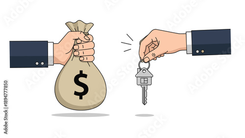 Hand in a business suit holding a bag of money being exchanged for a set of house keys from another person's hand.