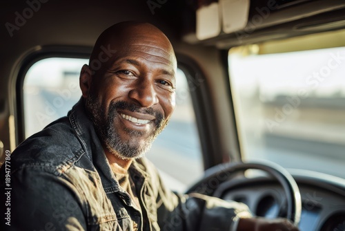 Happy long-haul driver inside a semi-truck cabin, direct gaze at the lens