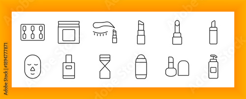 Cosmetic items set icon. Pills, jars, eyebrow shapes, lipstick styles, perfumes, roll-ons, and containers outlined to show beauty care, hygiene, and personal grooming accessories.