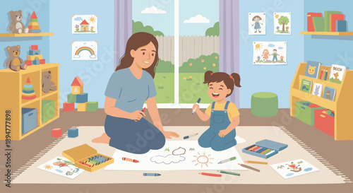 Art Therapist Working with Child
A flat vector illustration of an art therapist working with a child using crayons and drawing tools. Child-friendly room with toys and art supplies. 