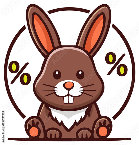 Cute brown cartoon bunny rabbit with buck teeth and long ears in a circular frame with percentage signs