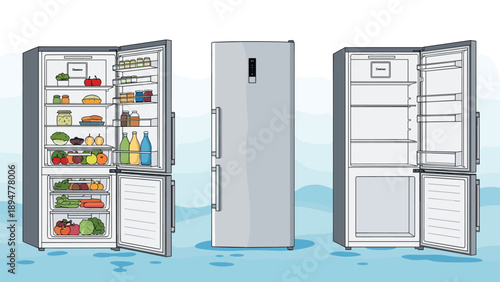 Organized refrigerator shown in three states including fully stocked with fresh food, closed, and completely empty.