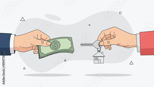 Real estate transaction concept showing hands exchanging a stack of dollar bills for a silver house key and keychain.