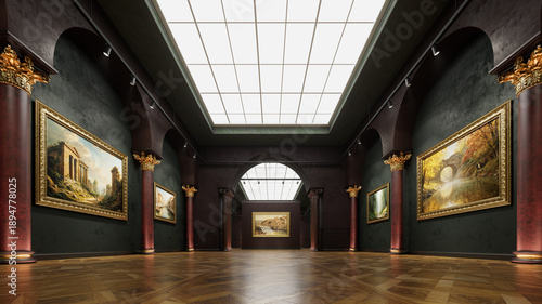 3d interior of old museum art gallery. Artworks in a bright, spacious gallery. 3d illustration.