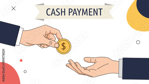 Close up of a hand giving a gold dollar coin to another open hand representing a cash payment or charitable donation.