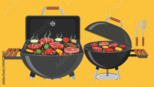 Two different styles of charcoal barbecue grills cooking various meats and fresh vegetables on a yellow background.