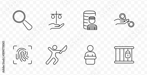 Justice and crime set icon. Line icons showing magnifier, balance scale, prisoner, handcuffs, fingerprint, suspect, judge, and jail bars with padlock