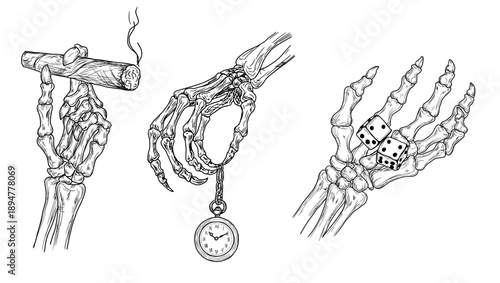Skeletal fingers holding a cigar, watch on a chain, and dice, a set of sketches. Vector illustration. Skeleton hands isolated on a white background. Suitable for various occasions, including Halloween