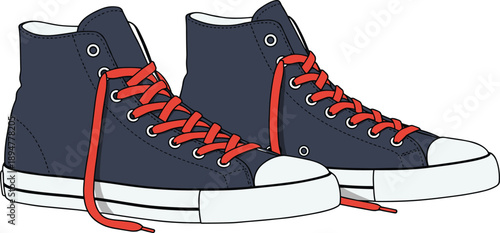 Dark Blue High-Top Sneakers with Red Laces Vector Illustration Featuring Classic Design, White Soles, and Casual Footwear Style for Fashion Concepts