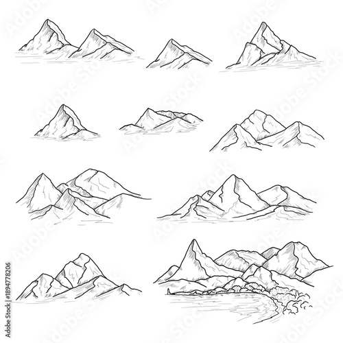 Mountains, black and white sketch. Vector illustration. Nari sovan rocks and stones hand drawn in simple style, isolated on white background