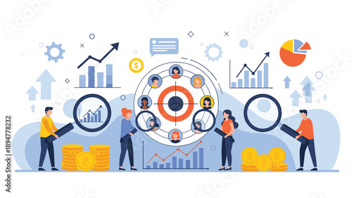 Group of business people using magnifying glasses to examine data targets and team members in a conceptual illustration.
