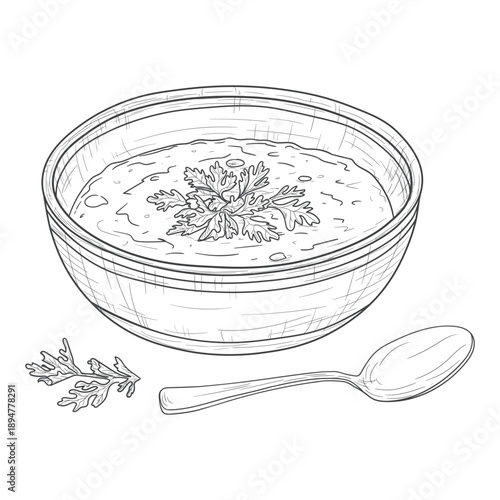 Lentil soup with herbs in a porcelain plate, sketch. Vector illustration. Delicious dinner, drawing isolated on a white background. The concept of healthy and satisfying food and nutrition for Ramadan