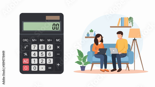 A calculator and two people working on laptops in a cozy room