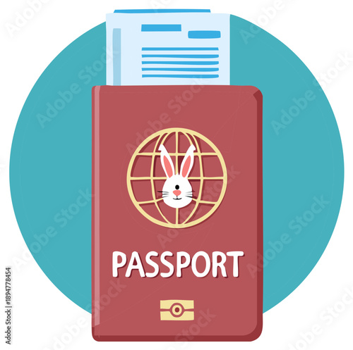 Cartoon Passport with Rabbit Globe Emblem and Documents against a Blue Circular Shape