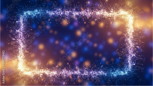A vibrant rectangular frame of light amidst sparkling particles and blurred lights in a dark background from a straight viewpoint