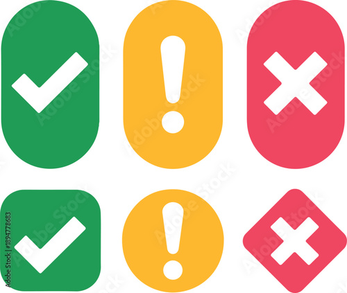 A collection of approval warning and rejection icons in different shapes and colors