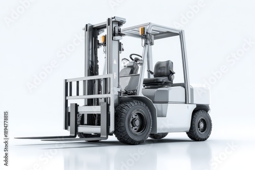 Industrial forklift with lowered forks on a clean white background, high-key lighting