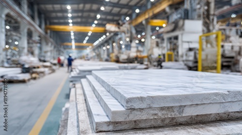 Industrial marble production scene with stacked slabs and equipment