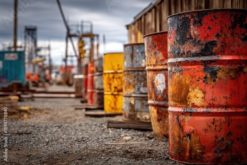 Industrial scene featuring weathered barrels and metal structures in daylight