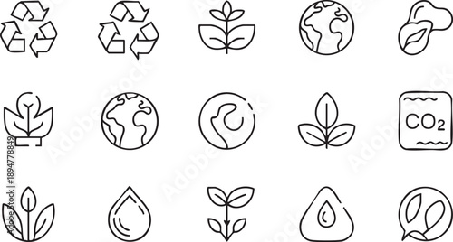 Set of environmental and eco-friendly icons: recycling symbol, leaves, planet Earth, CO2 emissions, and water droplets.