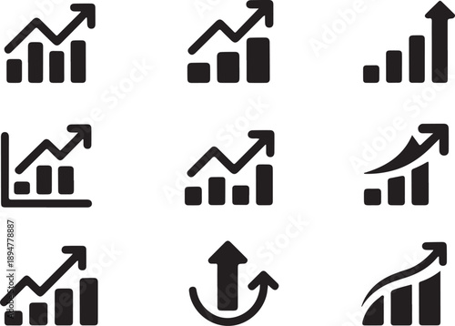 Collection of black and white business growth chart icons with arrows