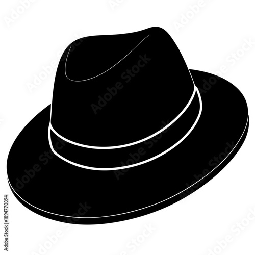 Black fedora hat illustration with white trim on a plain background