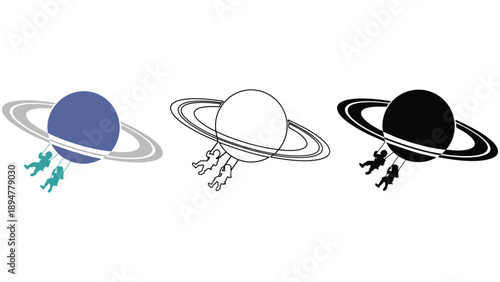 Astronauts hang from Saturn's rings in three different styles.