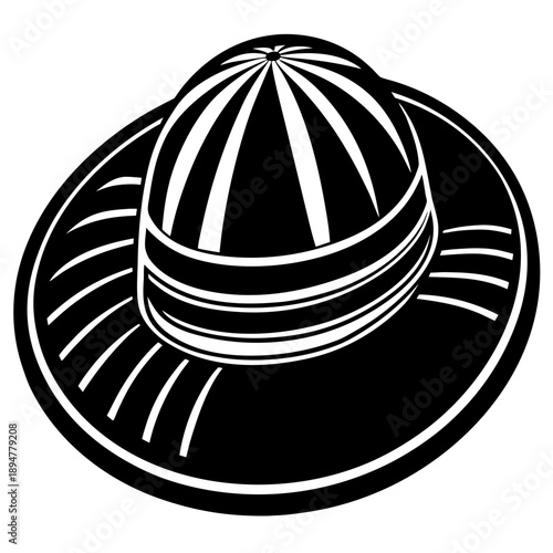 A black and white illustration of a hat with a dome-shaped crown and wide brim viewed from above