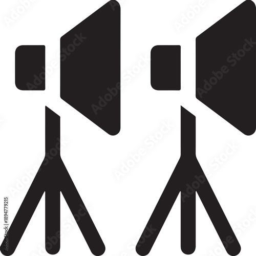 Studio Lighting Equipment Icon - Minimalist Photography Light Vector, Double Studio Lights on Tripods - Black Geometric Production Icon