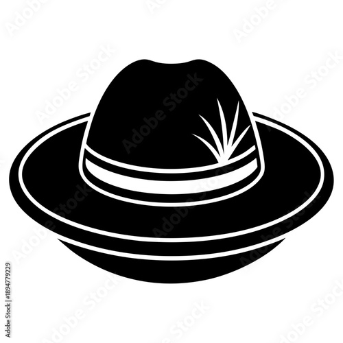 A black hat with a decorative feather rests on a simple background in a graphic illustration