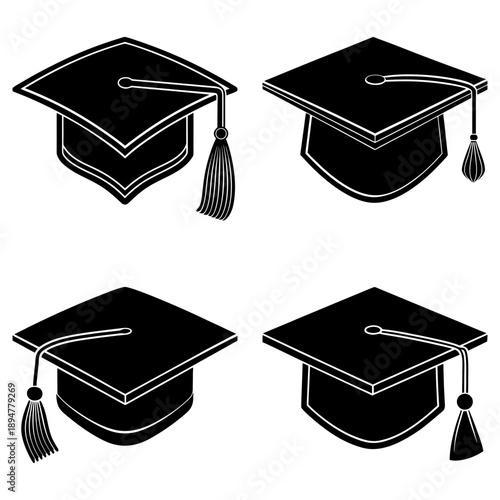 Four black graduation caps with tassels illustrated in a square formation on a plain background