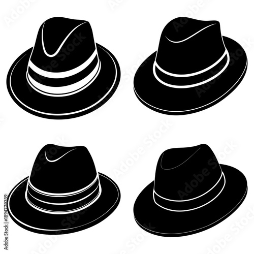 Collection of black hats with white trim illustrated in various styles