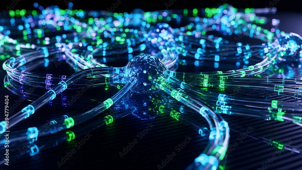 Obraz premium Vibrant fiber optic cables glowing in dark space