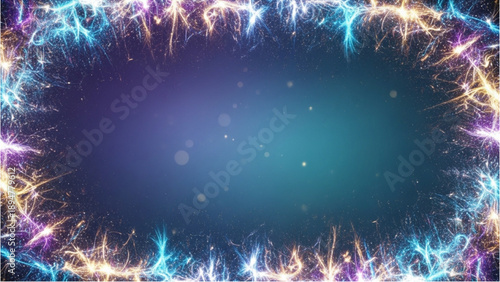 Vibrant sparks surround a radiant blue center in an abstract digital artwork viewed from a frontal perspective