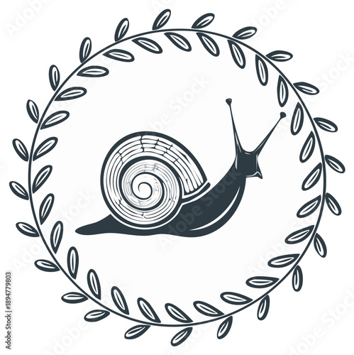 Illustration of a snail inside a leaf wreath, isolated vector symbol of garden life and slow movement, organic design