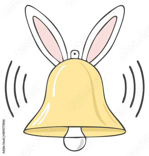 Cartoon Golden Bell with Bunny Ears Ringing for Spring Easter Holiday Fun
