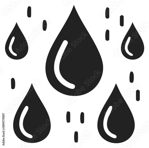 Stylized black and white illustration of falling raindrops and larger water droplets