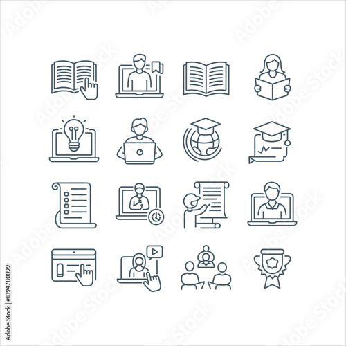 Online Education, E-Learning, and Academic Training Line Icons Set