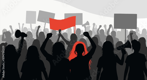 Protestors demonstrate with banners and megaphones.