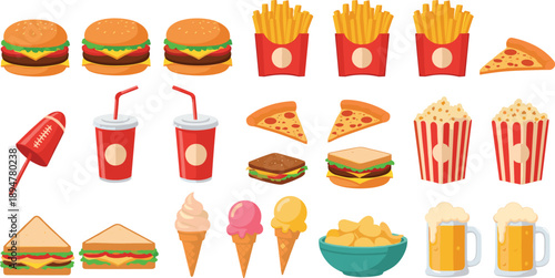 Fast Food Vector Illustration Set Featuring Burgers, Fries, Pizza Slices, Sandwiches, Ice Cream, Snacks, and Drinks for Menu and Restaurant Designs