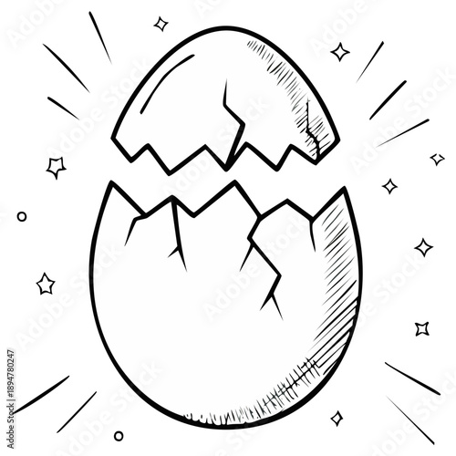 Cracked eggshell with jagged edges, hatching, birth concept, black line sketch, cartoon style, stars around it