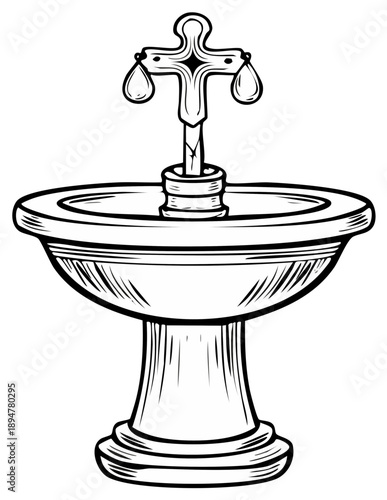 Religious Baptismal Font with Cross and Drops Symbolizing Holy Water