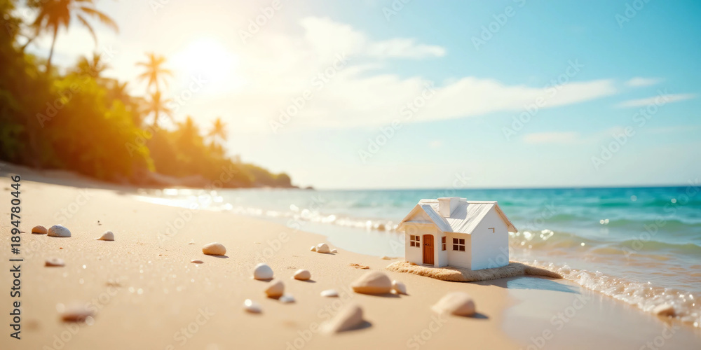 Obraz premium Miniature Beach House Concept on a Coastal Landscape Representing Seaside Living, Vacation Property, Real Estate Investment, Sustainable Lifestyle, and the Dream of a Relaxed Home by the Ocean