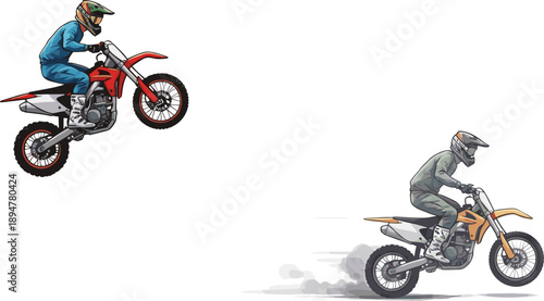 Extreme motocross riders performing stunts on dirt bikes with helmets, off road racing jumps, adventure sport action illustration vector for competition.