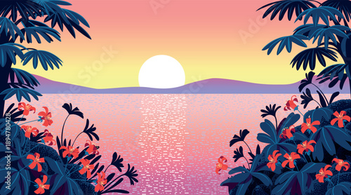 Tropical exotic romantic landscape with traditional jungle and plants in the front and island and sea in the background. Handmade drawing vector illustration.