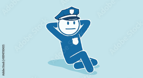 Relaxed police officer character sitting with hands behind head.