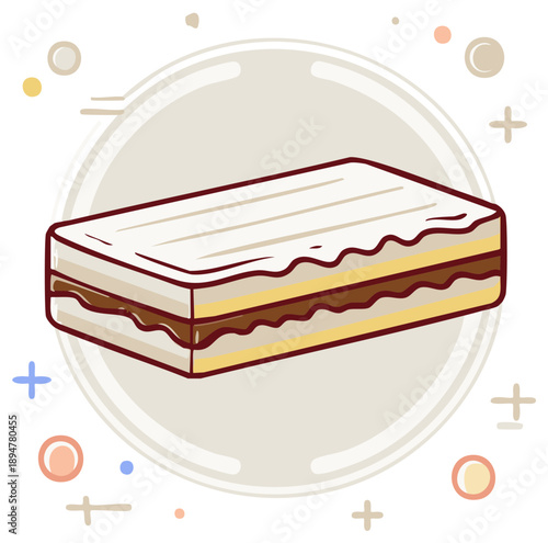 Cartoon illustration of a layered dessert with a creamy top and chocolate filling, with decorative elements