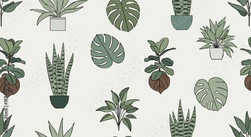 Collection of various potted houseplants in a repeating pattern.
