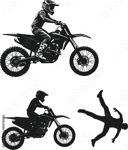Extreme motocross riders performing jumps and crash stunts with dirt bikes, helmet safety, offroad racing accident sport vector illustration design.