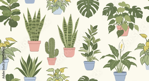 Collection of various potted houseplants in a repeating pattern.